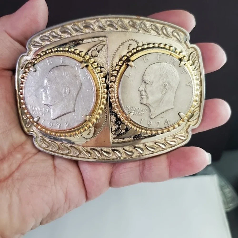 Vintage Eisenhower Dollar Belt Buckle 1972 1974 Two Tone Western Coin Buckle